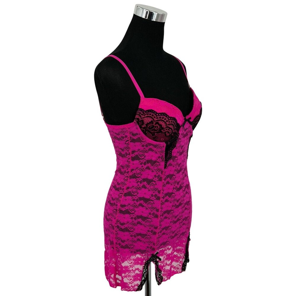 Hot Pink & Black Lace Push-Up Mini Slip Dress Lingerie M| Y2K Barbiecore Boudoir - Picture 10 of 13